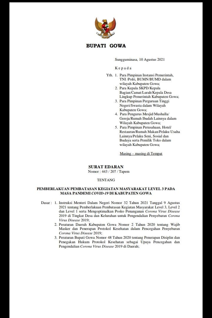 Gowa Kembali Perpanjang PPKM Level III Hingga 23 Agustus 